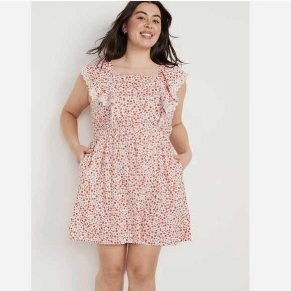 Old Navy Flutter Ruffle Sleeve Red Floral Tie-Back Mini Dress Size 4X Bohemian - Picture 1 of 14